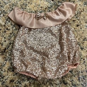 Rose gold onesie, sequins, satin collar, photo outfit, 3 months